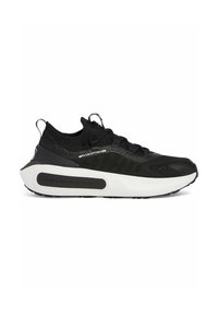 Chaussure de sport noire avec une tige en tricot, fermeture à lacets, et une semelle en caoutchouc blanche ornée de motifs texturés et du logo HOVR.