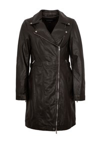 Schwarze Lederjacke mit Reverskragen, asymmetrischem Reißverschluss, Seitentaschen und tailliertem Schnitt. Glatte Textur mit modernem, eleganten Design.