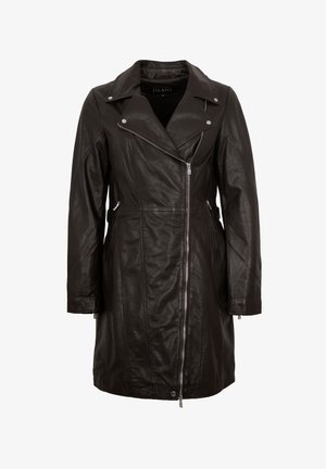Black leather jacket with a lapel collar, asymmetrical zipper, side pockets, and a fitted waist. Smooth texture with a sleek modern design.