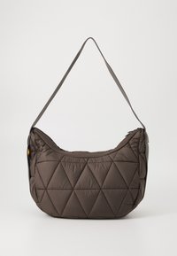 Brown quilted shoulder bag with a long gray strap and diamond-shaped stitching, displayed against a plain white background.