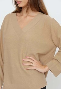 Beiger Strickpullover mit V-Ausschnitt, dreiviertel Ärmeln und dezenten Glitzereffekten im gesamten Stoff.