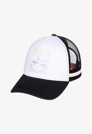 Casquette de camionneur blanche et noire avec un dos en filet, une visière noire courbée, et un motif tropical délavé avec des palmiers sur le panneau avant.