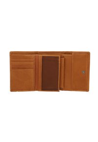 Tan leather wallet with multiple card slots, a bill compartment, and a mesh section. Features a snap closure and smooth texture.