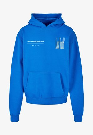 Kék kapucnis pulóver elülső zsebbe. Fehér feliratokkal: "Elveszett Fiatalok" és "a fiatalság a fiatalokon pocsékolódik." Puha anyag, bordás mandzsetták.