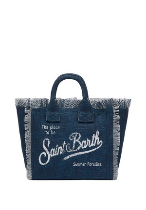 Borsa tote in tessuto blu con manici corti, rifinitura bianca testurizzata e testo "The place to be Saint Barth Summer Paradise" sul davanti.