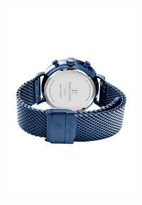 Blaues Armbanduhr aus Edelstahl mit einem Mesh-Armband. Verfügt über ein rundes Gehäuse, eine runde Krone und einen glatten Rücken mit Logo und Details zur Wasserbeständigkeit.