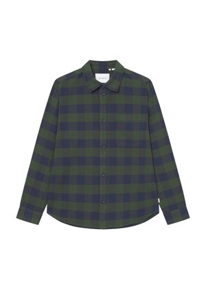 Dlhý rukáv košele v tmavozelenej a námorníckej kocke, s prierazným zapínaním, golierom a náprsnej vreckom. Hladká textúra látky.