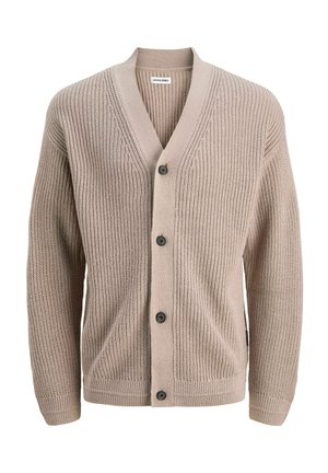 Béžový pletený cardigan s V-výstřihem, pěti knoflíky a žebrovanou texturou. Dlouhé rukávy a decentní boční kapsy. Neformální a lehký design.