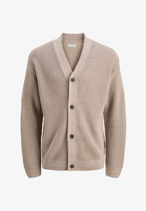 Beige Strickcardigan mit V-Ausschnitt, fünf Knöpfen und gerippter Textur. Lange Ärmel und dezente Seitentaschen. Lässiges und leichtes Design.