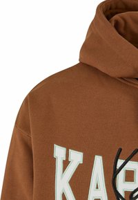 Sweat à capuche marron avec de grandes lettres blanches et bleu clair en contour et des cordons noirs visibles à l'avant.