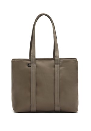 Rectangular taupe tote bag with double shoulder straps and visible stitching, standing upright against a white background.