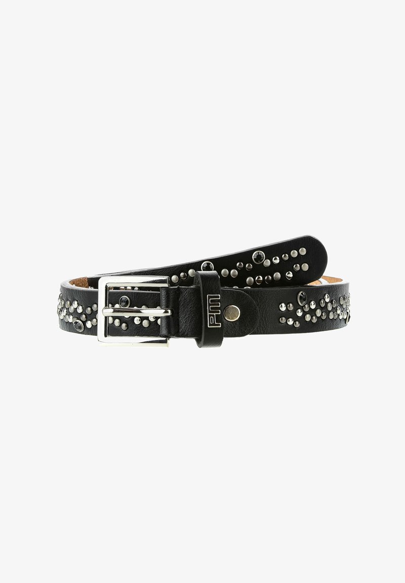 Ceinture en cuir noir ornée de clous en argent et de strass, avec une boucle argentée et un logo PM sur la passante.