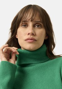 Maglione a collo alto verde a costine realizzato in materiale morbido, con un colletto alto e una vestibilità comoda, caratterizzato da una texture visibile nel tessuto.