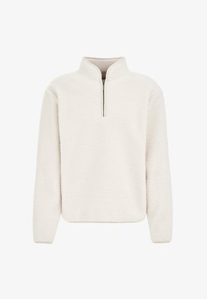 Sudadera de polar en color blanco roto, con cuello de media cremallera, ajuste relajado y superficie texturizada. Suave y cálida, ideal para superponer.