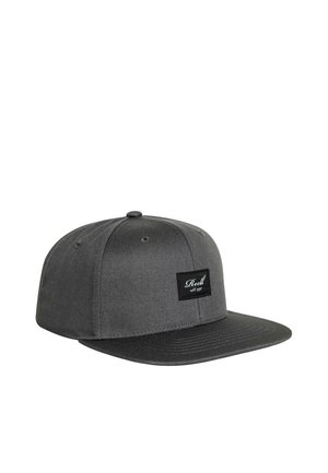 Dark gray flat-brim baseball cap with black rectangular patch on front displaying white cursive text.