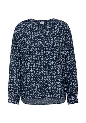 Navybluse mit einem strukturierten, abstrakten weißen Muster, V-Ausschnitt und langen Ärmeln. Knöpfe vorne ergänzen das Design.