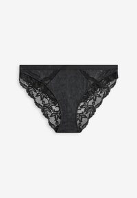 Lenjerie bikini neagră pentru femei cu detalii din dantelă florală pe părți și material neted în fața centrului.