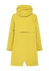 Long yellow raincoat with hood, long sleeves, buttoned cuffs, and a vented back panel, shown from the rear.