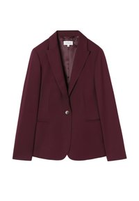 Bordeaux blazer met een geknoopte kraag, enkele knoopsluiting en twee voorkoeken. Glad materiaal met een stevige textuur en een getailleerd ontwerp.