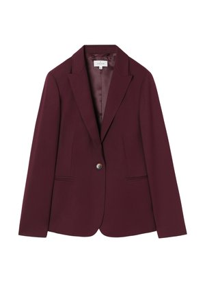 Blazer burdeos con solapa, cierre de un botón y dos bolsillos delanteros. Tejido suave con una textura sólida y diseño a medida.