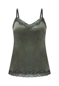 Dunkelgrünes Camisole mit verstellbaren Trägern, ausgestattet mit einer Spitze am Ausschnitt und Saum, aus glattem Material mit einer weichen Textur.