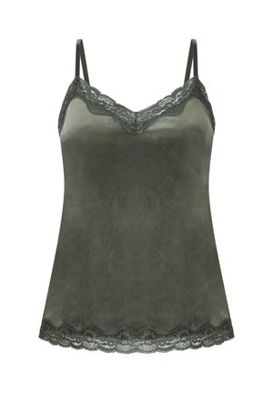 Dark green camisole with adjustable straps, featuring a lace trim at the neckline and hem, made from smooth fabric with a soft texture.