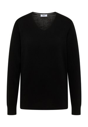 Svart v-ringad tröja gjord av mjukt material med långa ärmar och ribbade muddars. Har en ren design utan mönster eller detaljer.