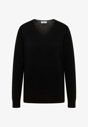 Zwarte v-hals trui van zacht materiaal met lange mouwen en ribgebreide manchetten. Heeft een strak ontwerp zonder patronen of accenten.