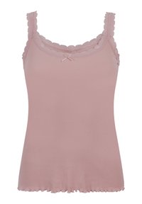 Débardeur ribbed rose clair avec un bord en dentelle festonnée le long de l'encolure et des bretelles, arborant un petit nœud au centre.