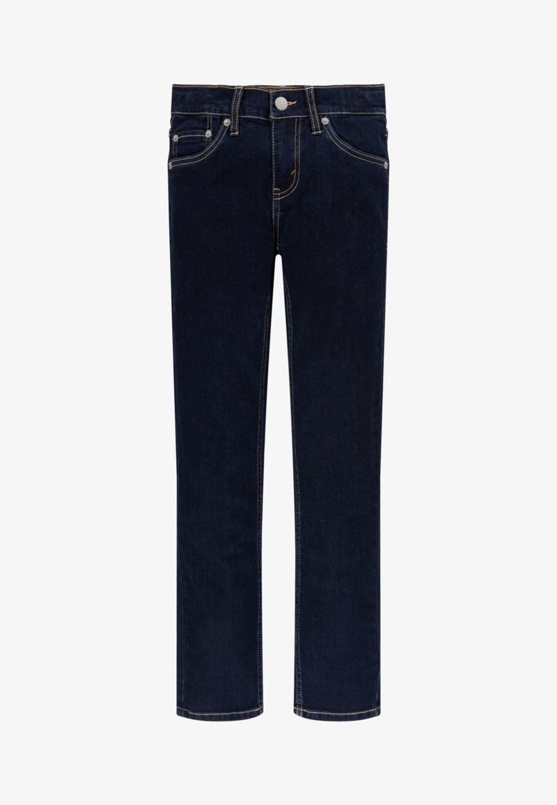 Jeans de ganga azul-escuro com corte de perna reta, design de cinco bolsos, costura visível e fecho de botão metálico na cintura.
