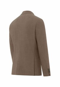 Brauner Blazer aus strukturiertem Stoff, mit einem einzelnen Rückenschlitz und einem Reverskragen. Verfügt über Knöpfe an den Ärmelbündchen für zusätzliche Details.