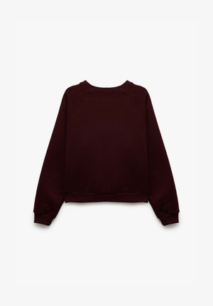Burgundy sweatshirt featuring a crew neckline, raglan sleeves, and a fitted hem, made from soft, textured fabric. View from the back.