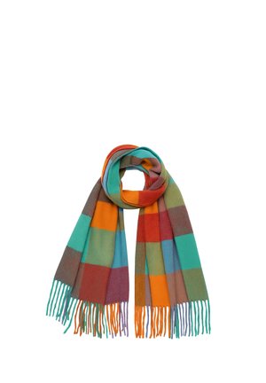 Wool scarf with multicolored checkered pattern in teal, orange, red, and purple, featuring fringed ends, arranged in a loop.