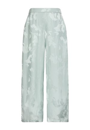 Lichtblauwe wijde broek met subtiel wit bloemmotief en een hoge tailleband, afgebeeld op een effen witte achtergrond.