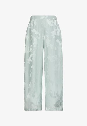 Lichtblauwe wijde broek met subtiel wit bloemmotief en een hoge tailleband, afgebeeld op een effen witte achtergrond.