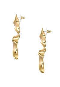 Goldfarbene skulpturale Ohrringe mit wellenförmigem Design, ausgestattet mit einer polierten, reflektierenden Oberfläche und einem Steckverschluss.