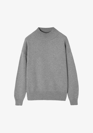 Gray sweater with a high ribbed neckline, long sleeves, and a loose fit. Made of soft knit material with ribbed cuffs and hem.