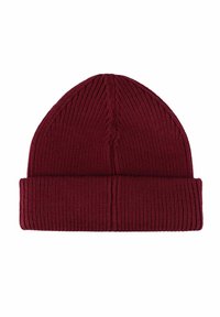 Gorro de punto en burdeos oscuro con textura acanalada y puño doblado. Presenta líneas verticales y un diseño ajustado.