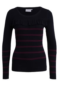 Navy ribbed long-sleeve sweater with horizontal burgundy stripes and a ruffled accent along the neckline.