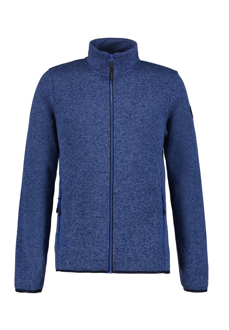 Blaues Fleece-Jacke mit hohem Kragen, durchgehendem Reißverschluss und zwei Seitentaschen. Verfügt über einen strukturierten Stoff und kontrastierendes schwarzes Band.