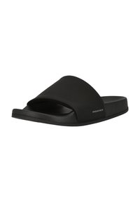 Black slide sandals with a wide strap, made of smooth synthetic material, featuring a textured footbed and subtle logo detail on the side.