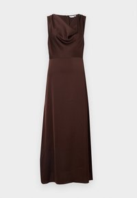 Robe sans manches marron en tissu lisse avec un décolleté drapé et une coupe jusqu'au sol. Dispose d'une fermeture éclair discrète dans le dos.