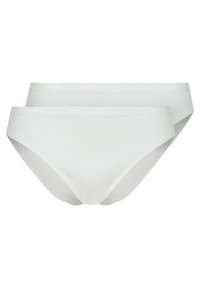 White cotton briefs, featuring a smooth texture and a low-rise fit. The waistband has a subtle logo pattern. Two pieces included.