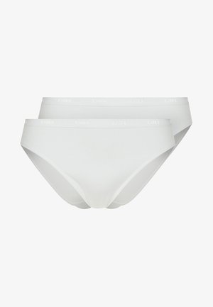 White cotton briefs, featuring a smooth texture and a low-rise fit. The waistband has a subtle logo pattern. Two pieces included.