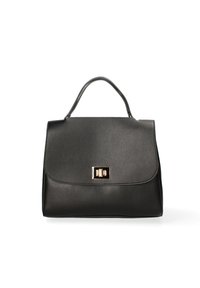 Borsa a tracolla nera in pelle con forma strutturata, dotata di manico superiore e un accentuato gancio in tonalità oro sul davanti. Texture liscia.