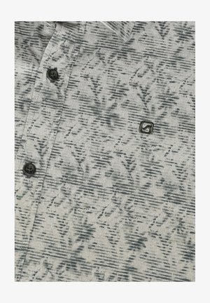 Halli hallide mustriga särk, millel on tumedamas hallis lillekujundus, krae ja must nupp. Väike brodööritud logo põhjas nurgas.