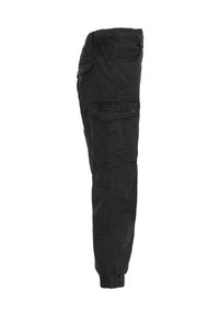 Pantalones cargo negros con cintura elástica, bolsillos laterales y un diseño de pierna ajustada. Fabricados con un tejido duradero y con detalles de costura.