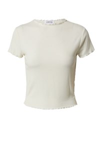 Geribbelde, kortemouwen T-shirt in gebroken wit met een golvende halslijn en zoom. De stof heeft een gladde textuur. Merklabel: EDITED.