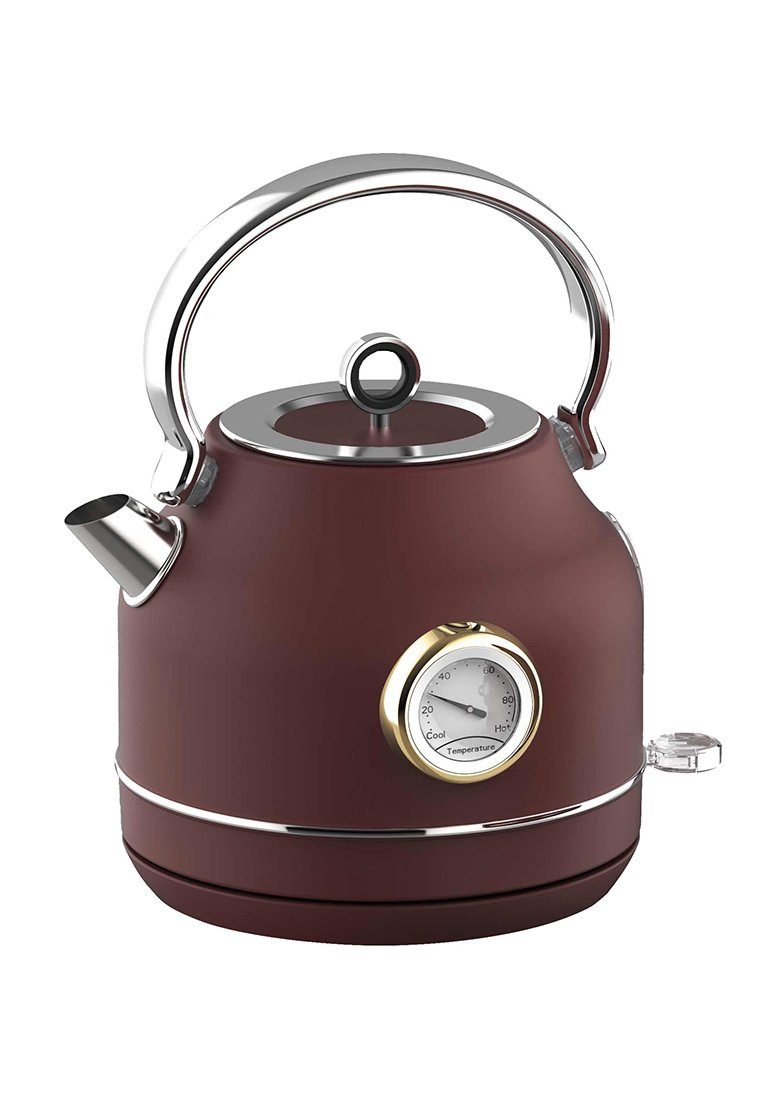 Hnědá elektrická konvice se stříbrnou rukojetí a hubicí, s kulatým teploměrem na těle a průhledným vypínačem zapnuto/vypnuto.