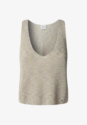 V-paita, hihaton yläosa pehmeässä, teksturoidussa neuloksessa, jossa on sekoitus pastellivärejä. Vaatteessa on pieni logo yksityiskohta helman kohdalla.